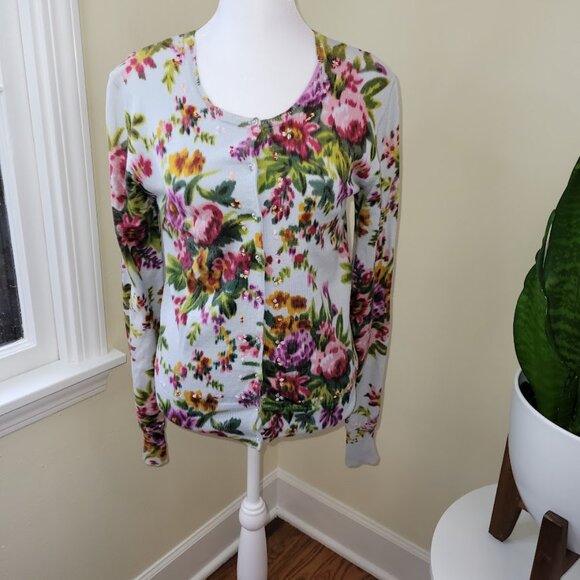 CHARLOTTE Cardigan Floral  Sweater Crystal Button Up Rounded Neck Women's SZ S - Picture 2 of 16